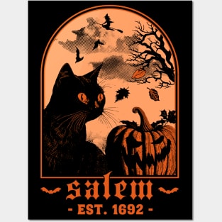 Salem 1692 - Black Cat Pumpkin - Retro Vintage Halloween Posters and Art